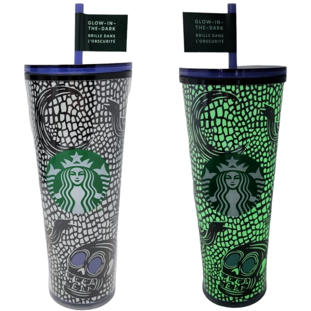 Starbucks Halloween Tumbler 24oz Glow In The Dark Skulls Crows Acrylic 2020 New